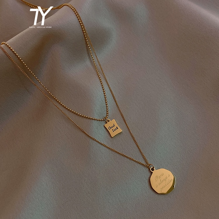 2020 nowy klasyczny projekt goodluck list kwadratowy wisiorek damski naszyjnik moda tytanowy stalowy łańcuszek na szyję podwójny łańcuszek robić obojczyka