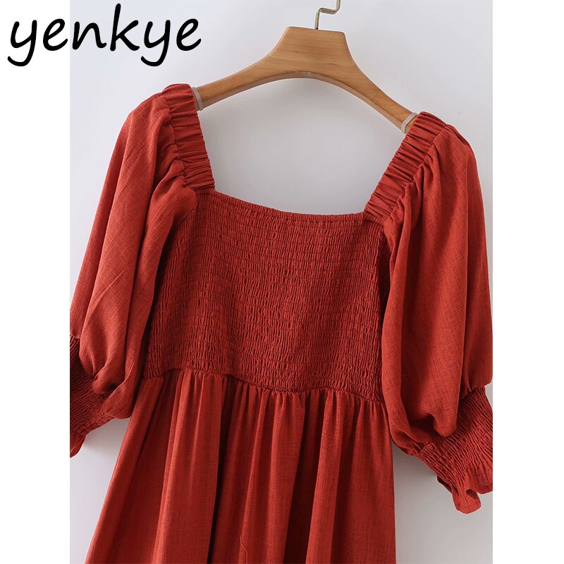 YENKYE Spring Women Solid Cotton Dress Female Square Neck Half Sleeve Casual Dress Short Vestido