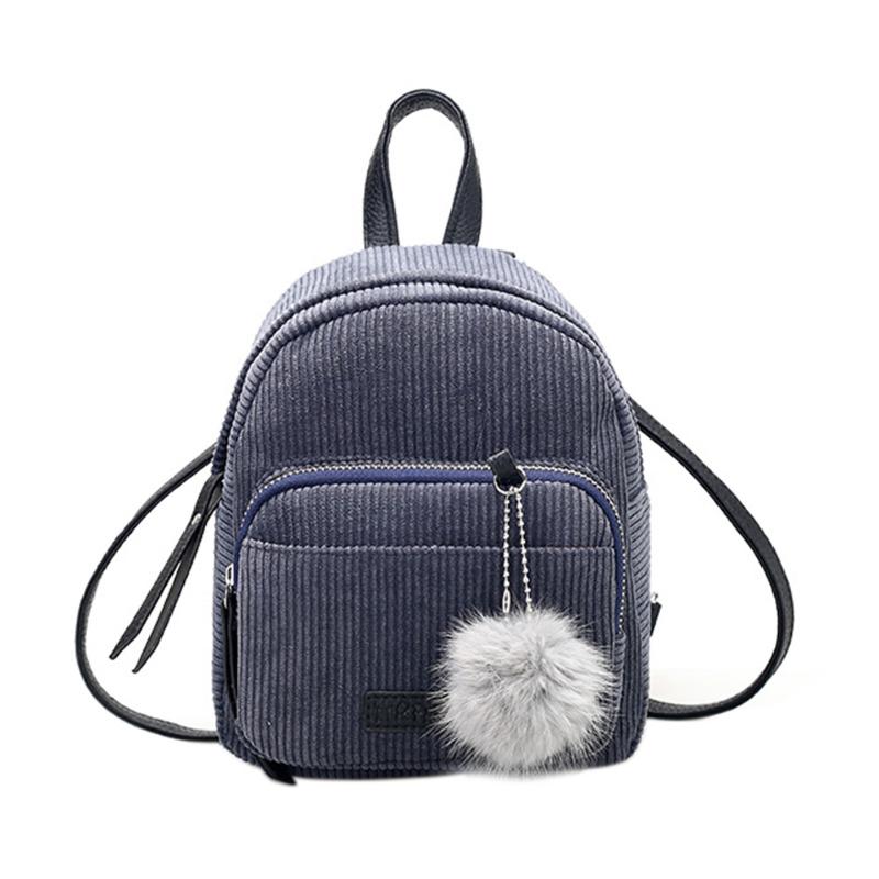 Pige mini rygsæk kvinder pompon bold ensfarvet corduroy lille rygsæk efterår vinter teenage rejse skoletaske mochila: Blå