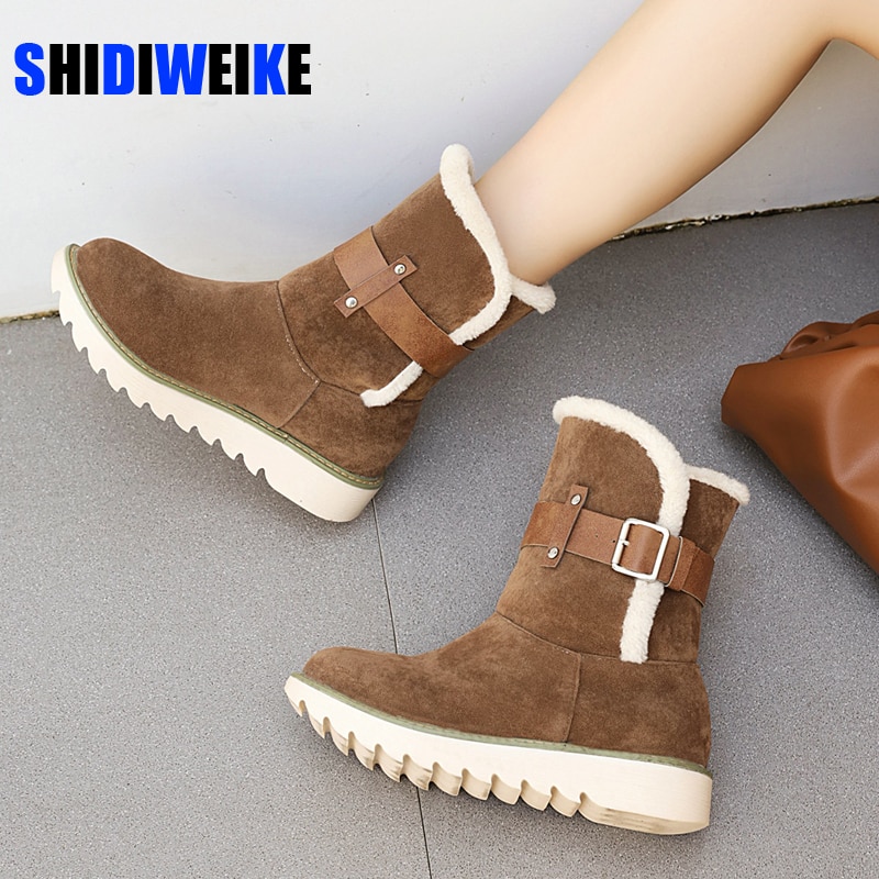 Boots Women Winter Plush Shoes Casual Platform Ankle Boots Ladies Buckle Wedge Snow Boots Female Leather Bota Feminina