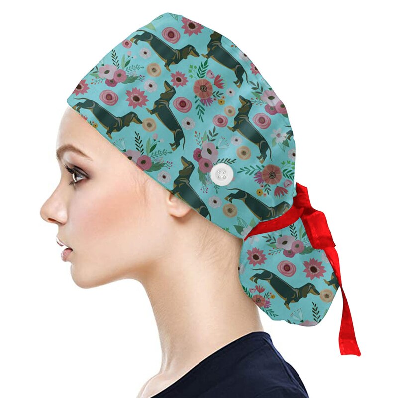 Gorro de algodón con botones para hombre y mujer, estampado, accesorios para uniforme de enfermera, tienda de mascotas, gorro quirúrgico para trabajo de laboratorio de Chef