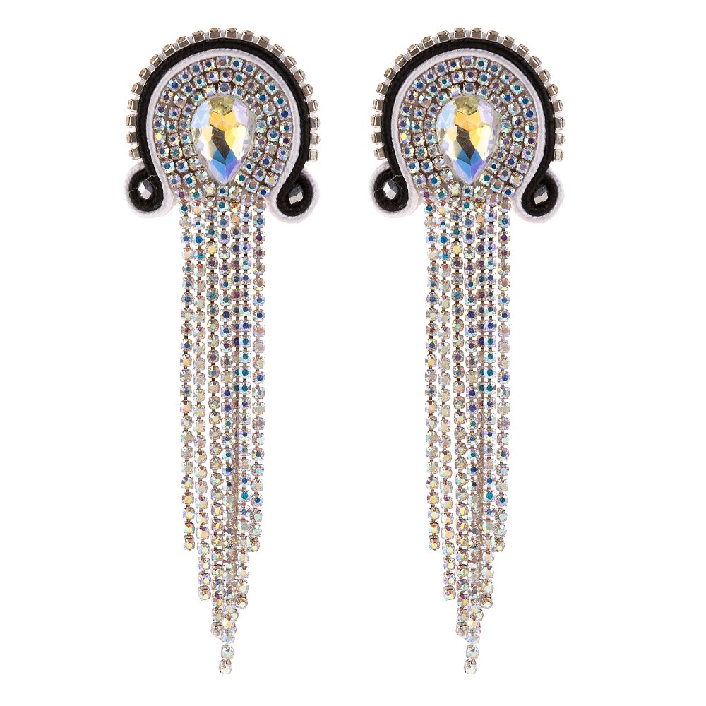 KPacTa Handmade Weaving Soutache Vintage Full Crystal Long Tassel Earrings For Women Temperament Earring Banquet: silver