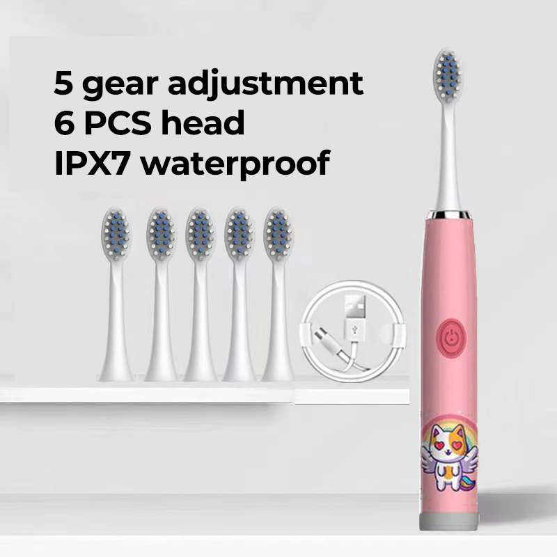 Children Sonic Electric Toothbrush Colorful Cartoon For Kids Ultrasonic Soft Fur Automatic Waterproof With Replacement Heads: Red