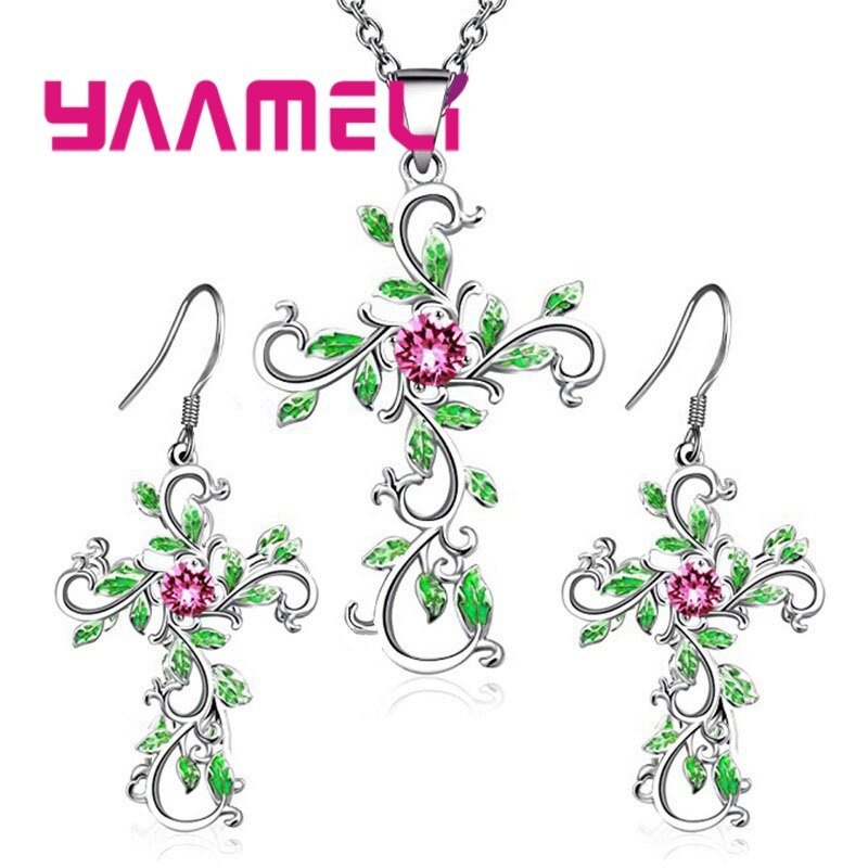 1 Set Crystal Bloem Ketting Hangers 925 Sterling Zilveren Kruis Sieraden Set Voor Vrouwen Boho Vintage Sieraden: Style2 silver