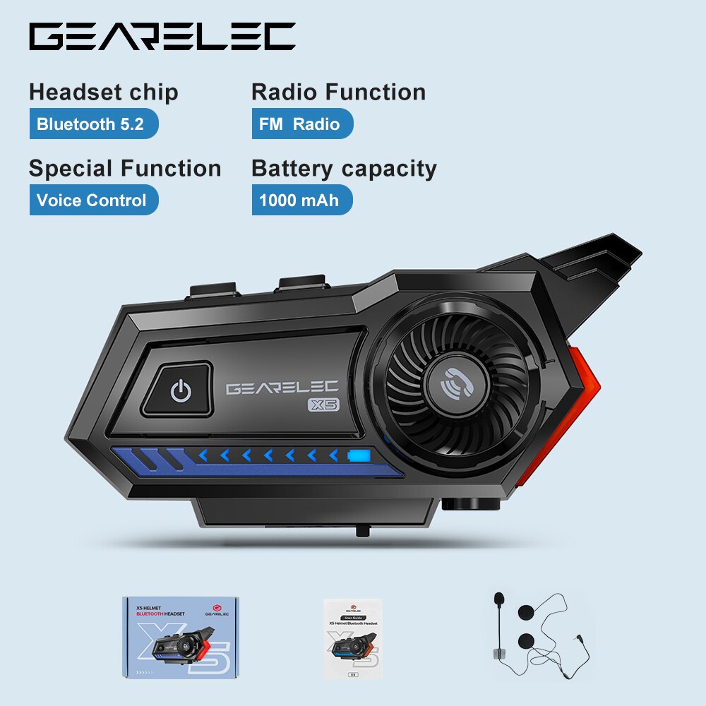 Gearelec X5 Motorhelm Headset Bt 5.2 Waterdichte Draadloze Hoofdtelefoon Voice Control Roise Reductie Fm Radio Waarschuwingslampje