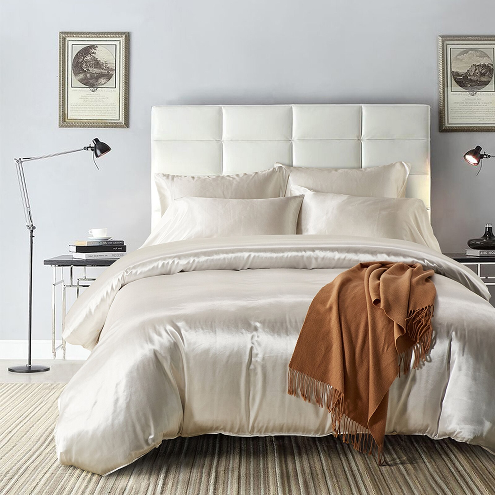 Satin soie ensemble de literie maison Textile King Size parure de lit lit vêtements housse de couette drap plat taies d'oreiller: WHITE / Roi