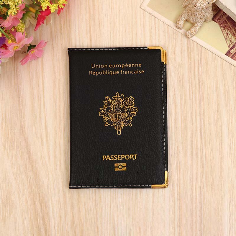 PU Leer Frankrijk Passport Cover Credit Card Slots Porte-Passeport Housse voor Mannen Vrouwen Franse Paspoorten Organisator voor Reizen: black
