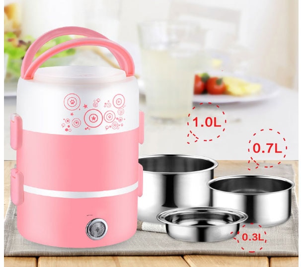 Cuiseur à riz électrique cuiseur à vapeur multifonctionnel acier inoxydable Mini boîte à déjeuner Portable 3 couches Thichken corps anti-dérapant boucle