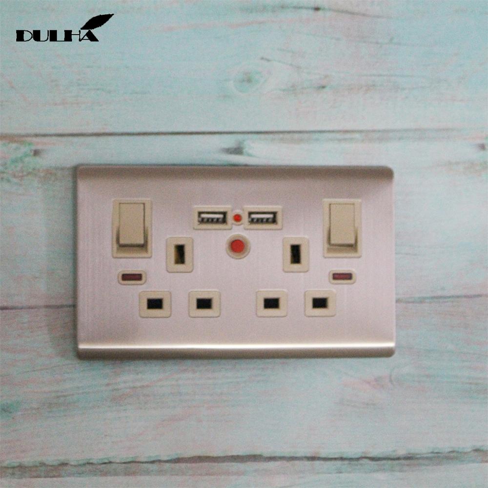 UK 13A Twin Double USB Charger Wall Switched Socket 2 Gang Electrical Power With 2 USB Ports Outlet Luxury Stainless Steel Panel