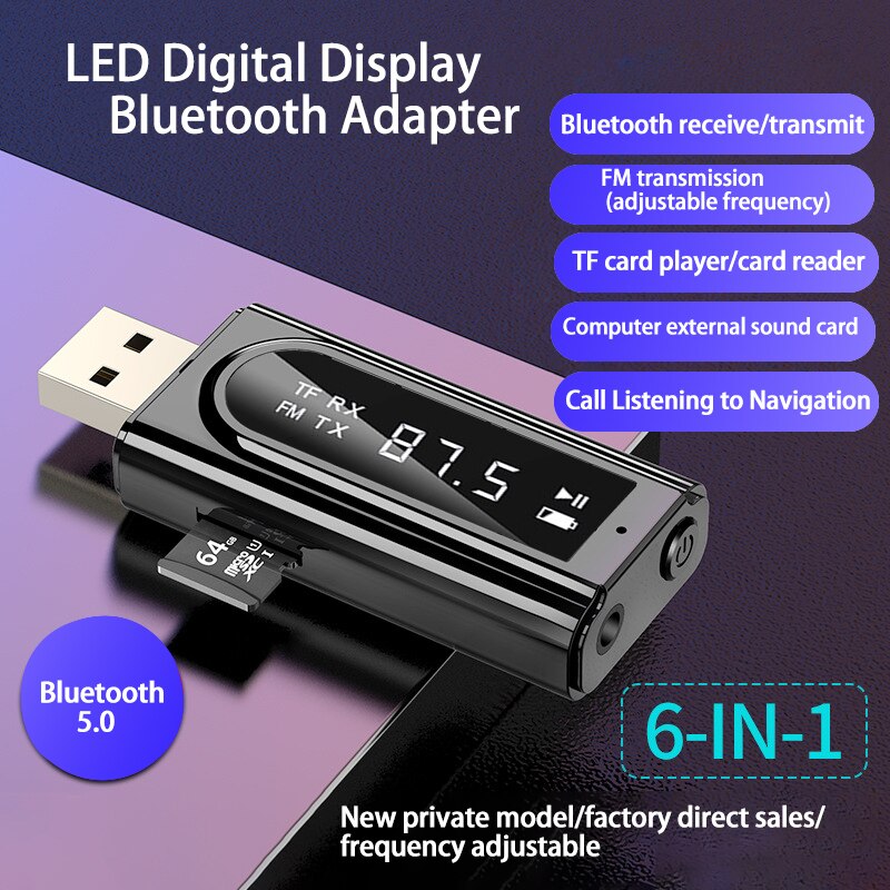 Usb Led Auto Fm Modulator 3.5Mm Aux Jack Bluetooth 5.0 Dongle Ontvanger Zender Carkit Ontvanger Wireless Audio Adapter