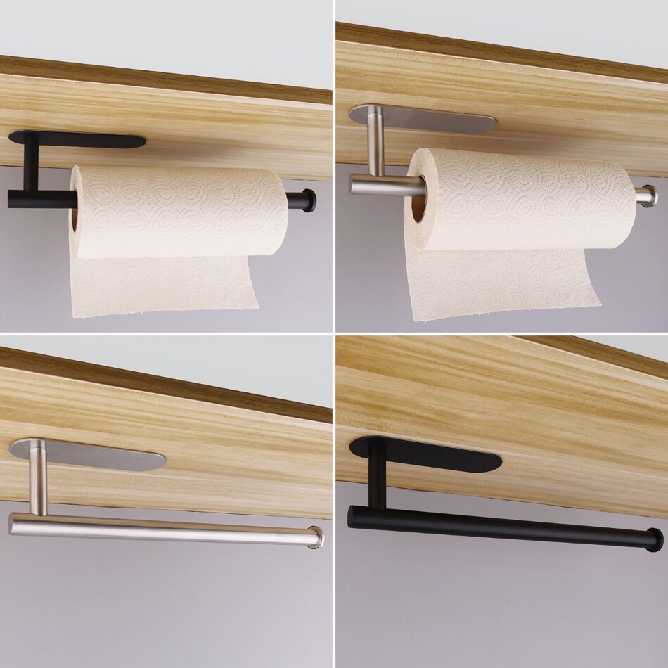 Black Kitchen Paper Holder 304 Stainless Steel Adhesive Toilet Tissue Roll Shelf Wall Hanger Bathroom WC Long Paper Towel Bar