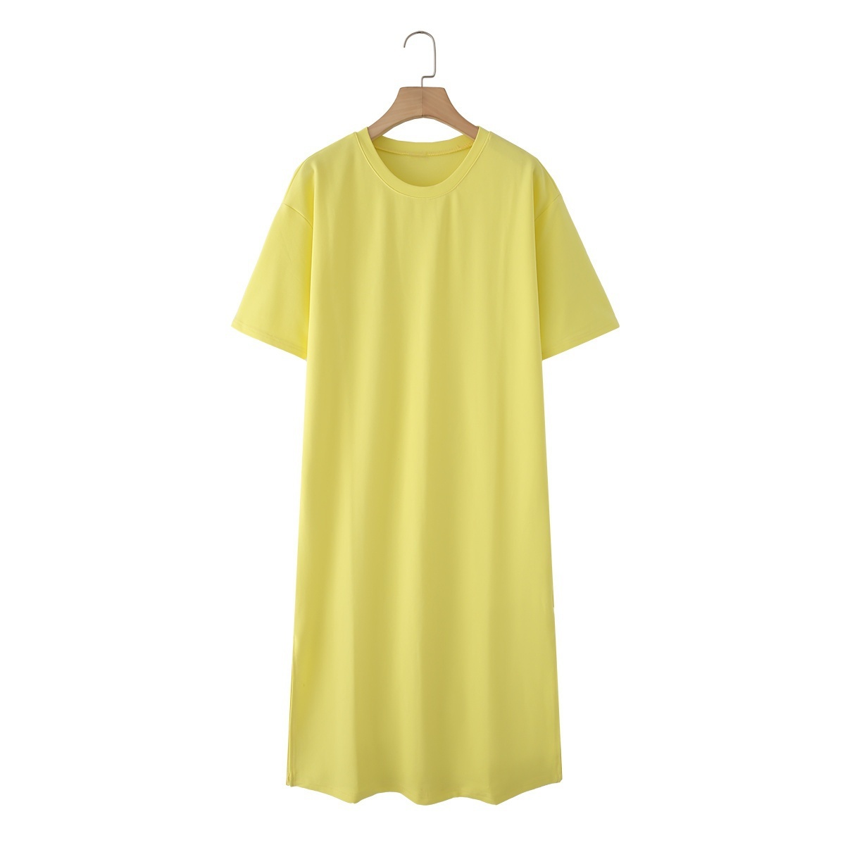 UNIZERA Summer Women's Lazy Simple Short-sleeved Round Neck T-shirt Dress Versatile Loose Slit Long Skirt: S / Yellow