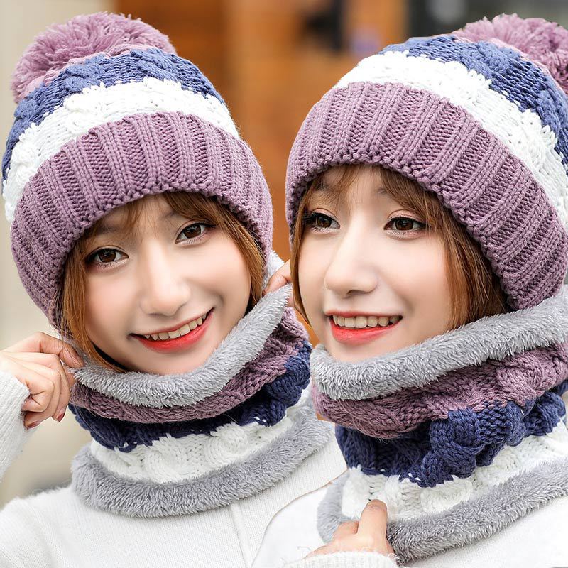 Gorro de invierno tejido, conjunto de bufanda para mujer, Gorro con pompón, conjunto de gorro y bufanda para mujer, accesorios de invierno cálidos y gruesos