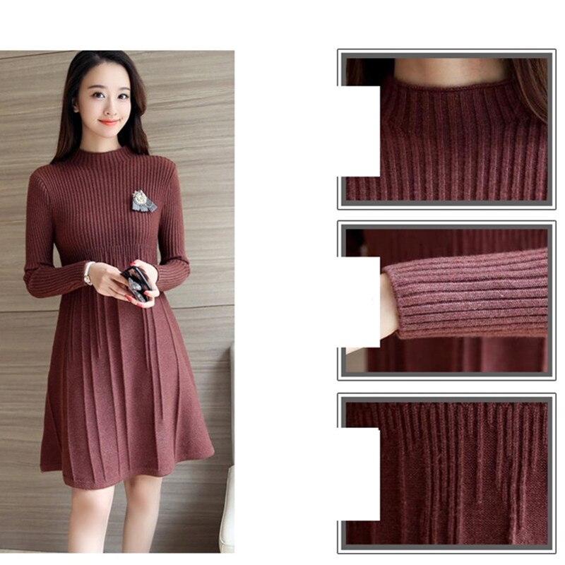 Korean Knit Sweater Dress Women Clothing Autumn Winter Slim Pullover Knit Dress Warm Casual Sweater