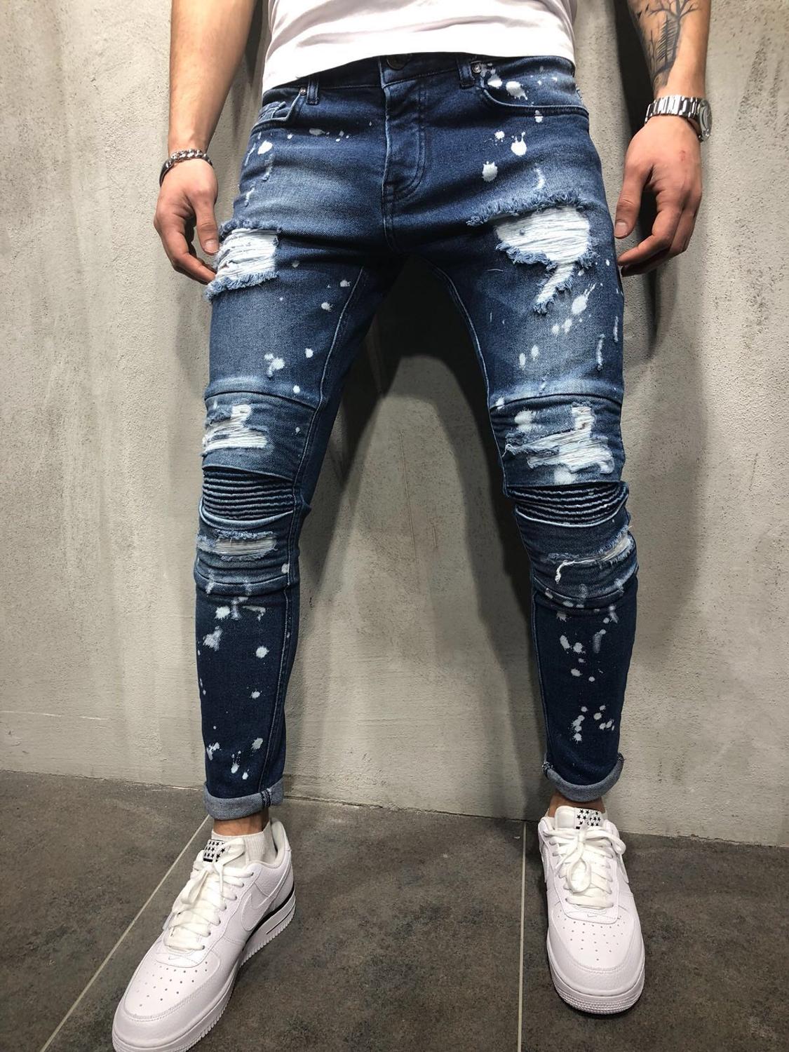 Hommes extensible déchiré maigre Moto & Biker broderie impression Jean trou détruit coupe mince Denim crayon Jean vêtements de travail