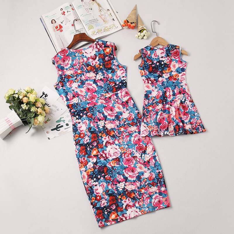 PPXX Summer Floral Girl Women Dress Mother Daughter Family Matching Formal Party Wedding Dress Clothing Family Look Rose