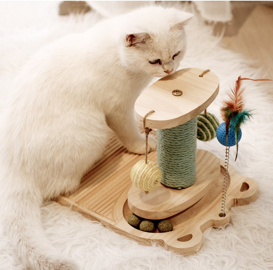 Trekatt skrapestolpe sisal skrapeleke med 2/3 lags spor spinnende kattelekebord med interaktive baller
