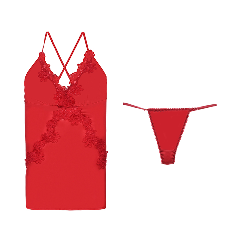 Meet'r satijnen nachtkleding voor dames, sexy nachtjurk met borduurwerk, open rug, v-hals pyjama met string, nachthemd met bandjes, nachtkleding voor thuis.: M / Rood