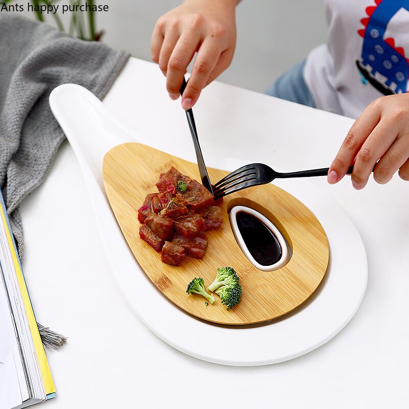 Keramiek Bamboe Hout Combinatie Steak Plaat Met Kruiden Schotel Thuis Onregelmatige Diner Plaat Pizza Plaat Decoratieve Servies