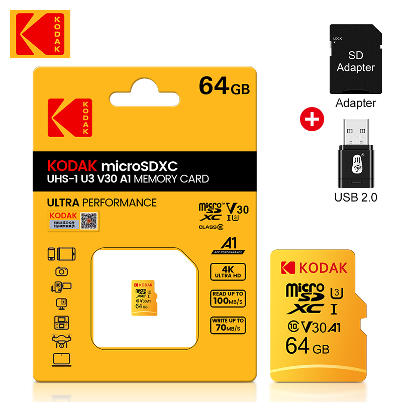 Kodak-Tarjeta de memoria Flash Micro SD, 128GB, 256GB, U3, A1, 32GB, 64GB, TF, 4K, Clase 10, U3, UHS-I, 16GB: U3-64G Card Reader