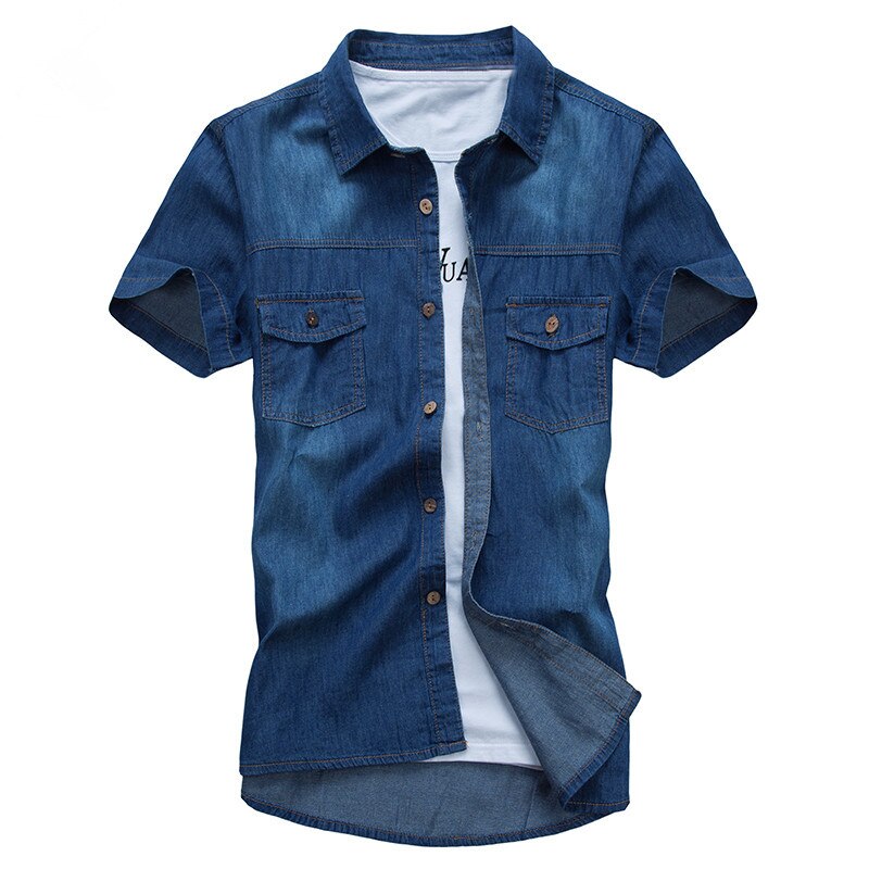 Sommermærke denimskjorte herre bomuld korte ærmer turn-down krave herre skjorter casual slim fit herre jeans skjorter chemise homme: Dyb blå / L