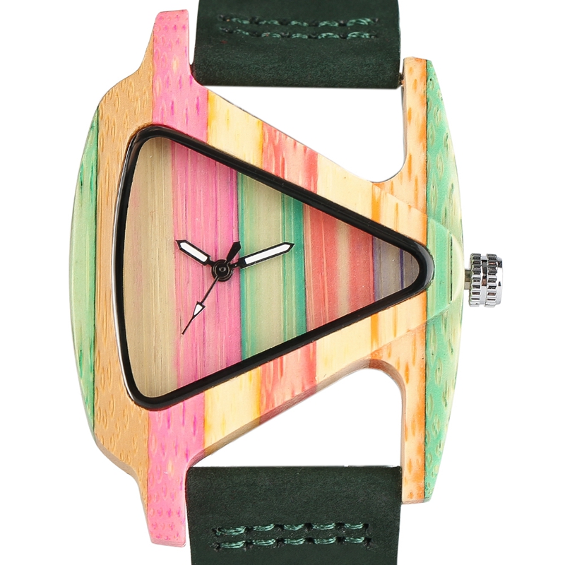 Unikt farverigt træur trekantet urskive ur ur kvinder kvarts læderarmbåndsur kvinders håndled reloj mujer