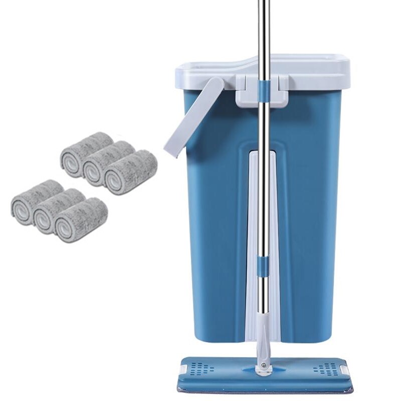 Squeeze Vad avec seau Vadrouille mains libres avec tampons en microfibre Rotation 360 Vadrouilles humides et sèches Cuisine et maison Outils de nettoyage à plat: Blue Mop and 6 Cloth