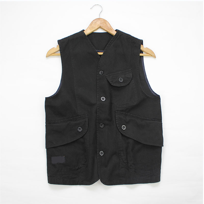 Herren Westen Männlichen Taschen Westen Einreiher Herbst Frühling Weste Schulter Jacke Koreanische entladen fest Farbe Mäntel: Schwarz / XXL