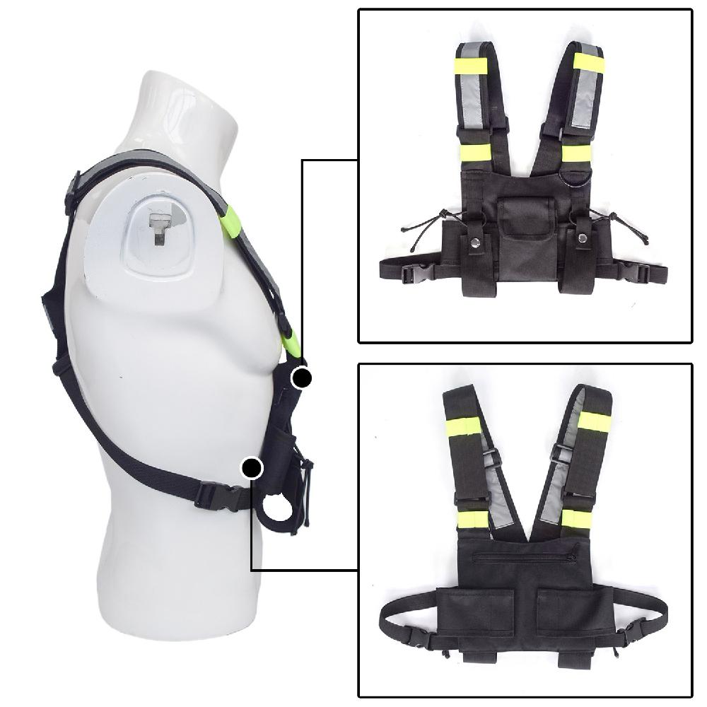 Chaleco negro ajustable con rayas reflectantes bolsa de aparejo de pecho para entrenamiento al aire libre