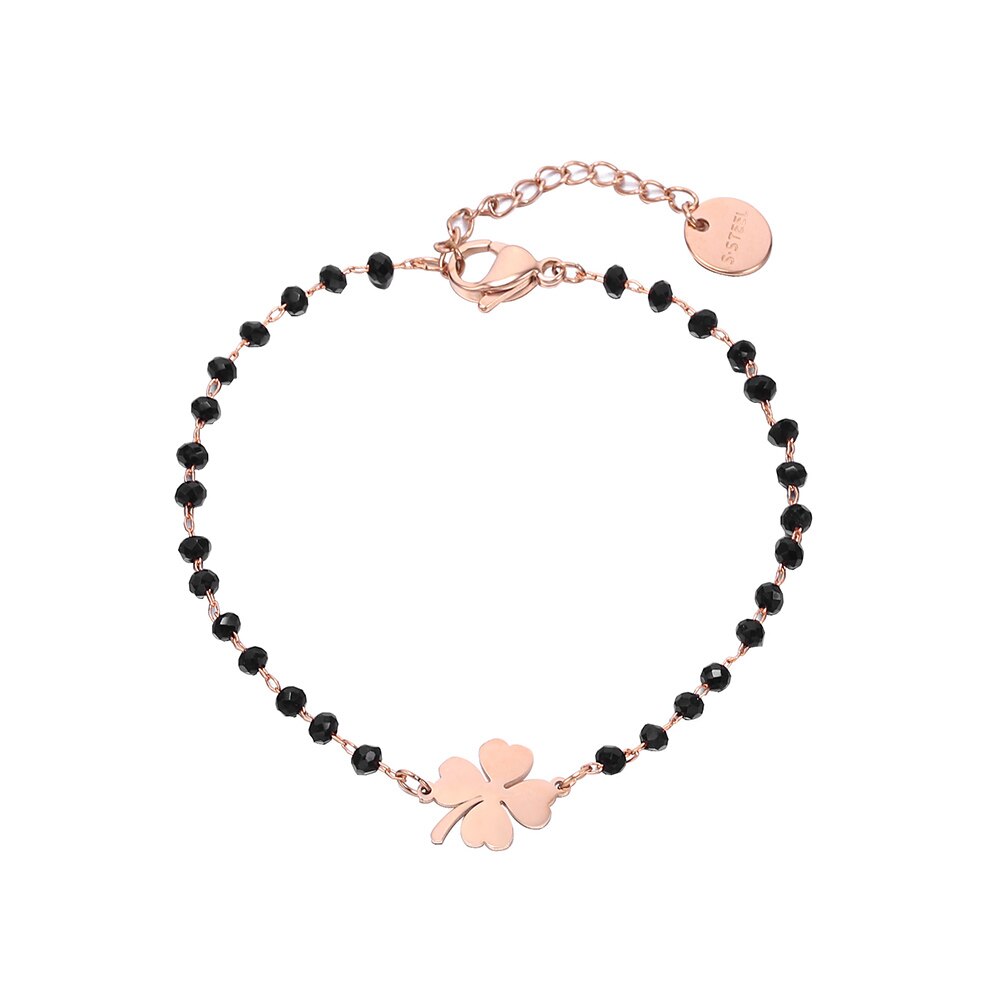 Or Rose trèfle acier inoxydable Bracelets porte-bonheur femmes noir cristal perles chaîne Bracelet bijoux De Joyas De Mujer: Rose Gold