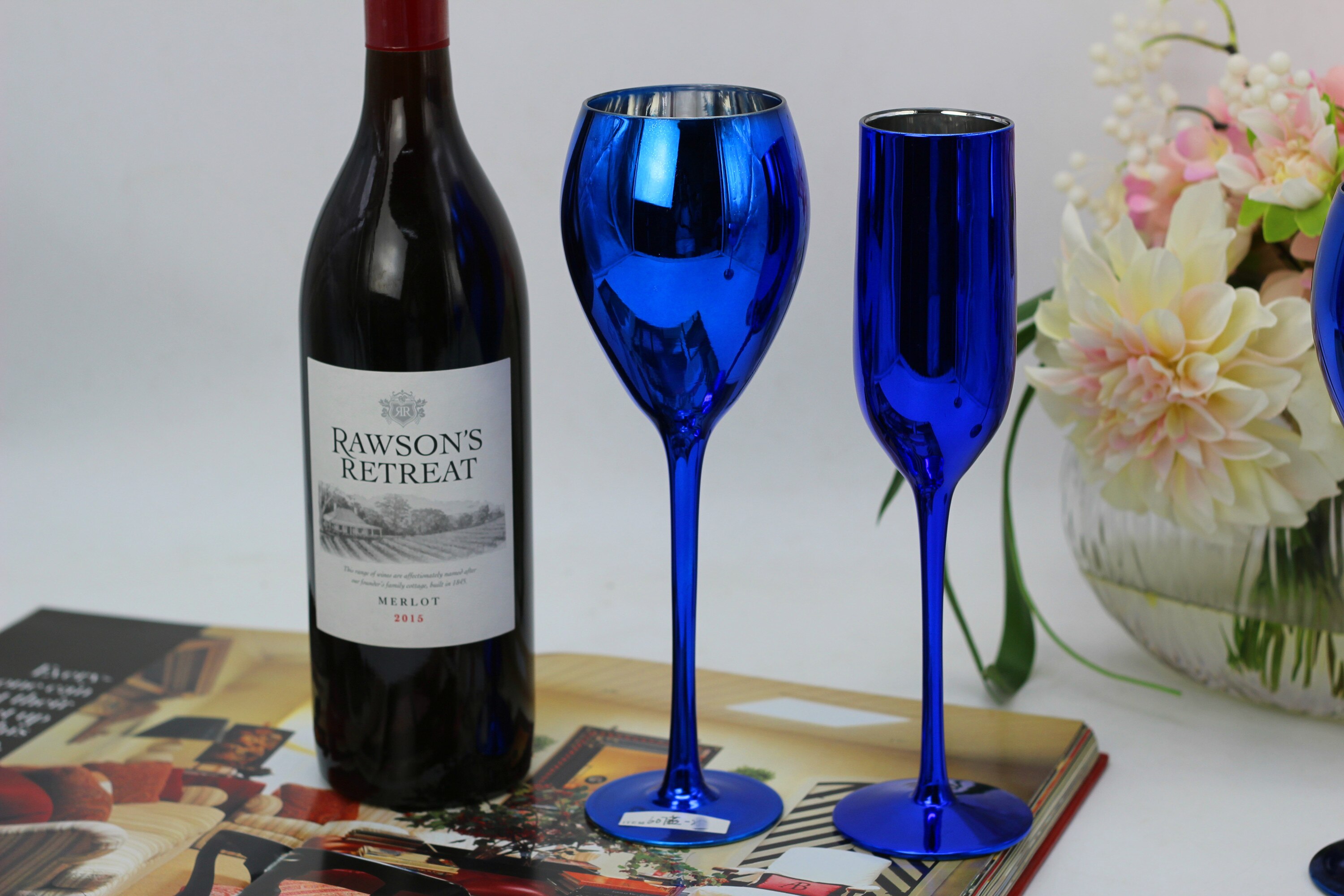 Blå farge plating metall glass beger vin champagne kopp bryllup rom dekor
