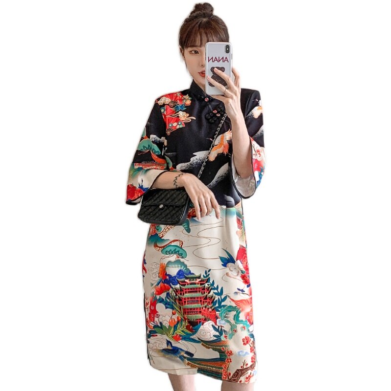 Vestido Cheongsam de talla grande XXL 3XL 4XL, moderna para mujer, informal, Qipao negro, ropa tradicional china