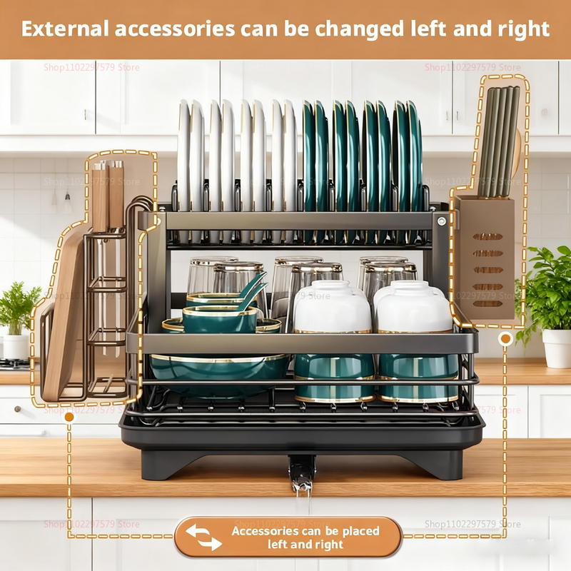 Dubbellaags schoteldroogrek Keukenorganizer met beker en komopslag Meerlaags afdruiprek voor aanrecht en keuken