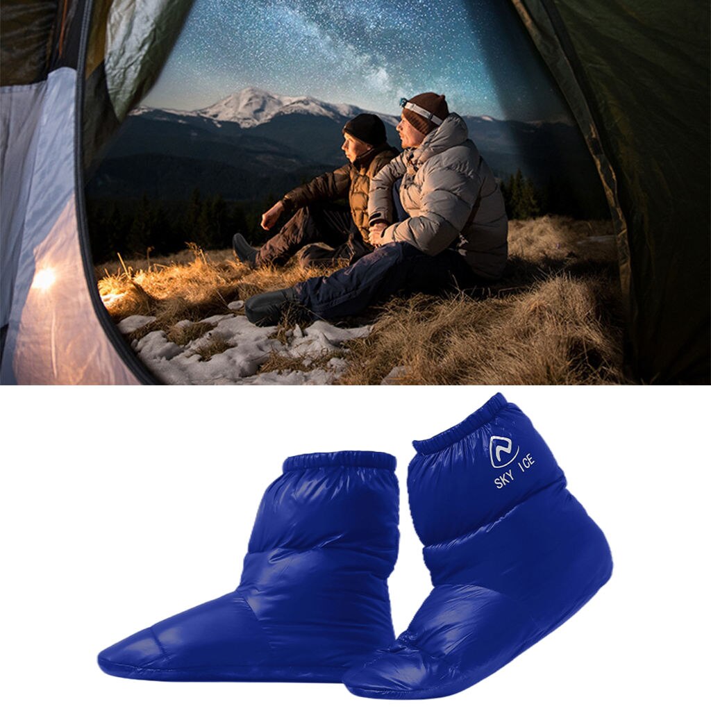 Par de zapatillas de plumón de pato, zapatos, botas, calzado para acampar, cubierta de pies, calentador, antideslizante e impermeable: Blue M