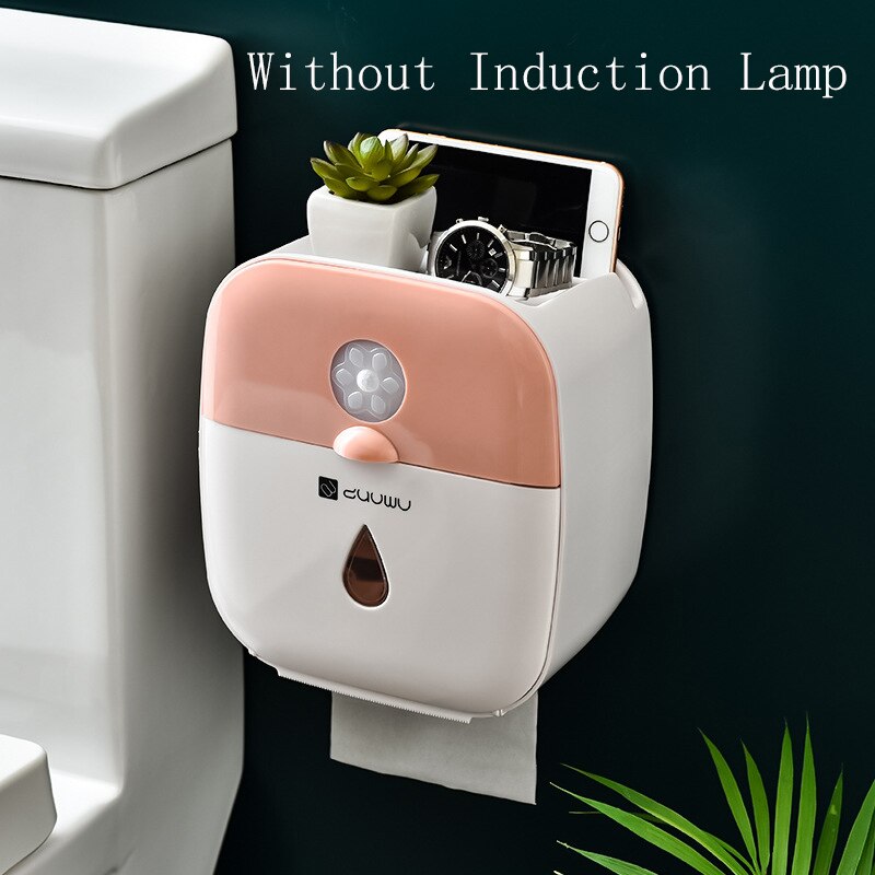 Wall Mounted Waterproof Tissue Holder Box With Human Intelligent Sensor Lamp Bathroom Paper Towel Holder For Phone Storage Box: Pink(No Lights)