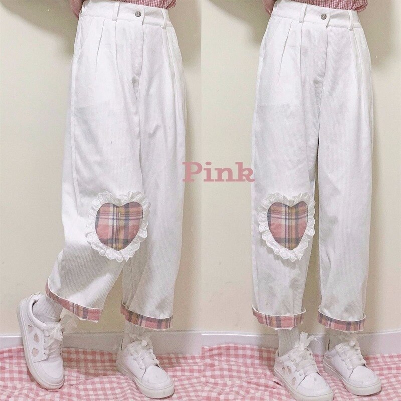 Qweek japansk kawaii pink fløjlsbukser kvinder blød pige plaid brede ben hvide bukser til kvindelig kærlighed hjerte patchwork sød