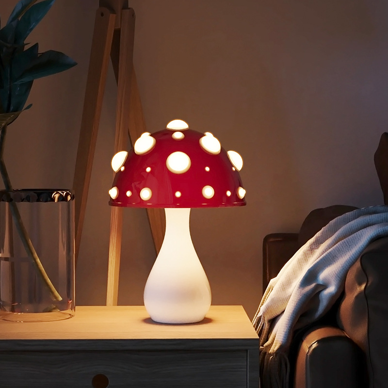 Shiitake mushroom desk lamp, amanita mushroom lamp with tri-color led -g9- bulbs, ac powered or usb-dc powered, biomimetic lighting