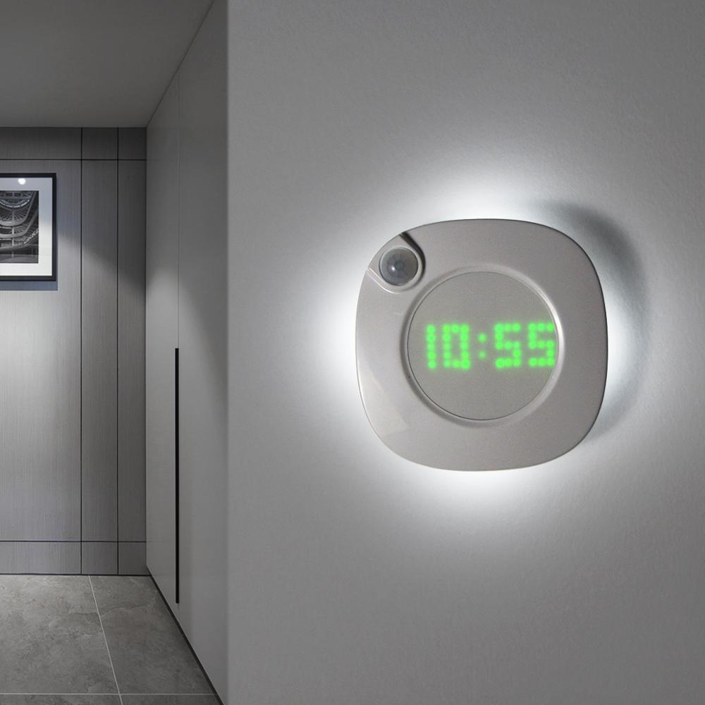 Pir Motion Sensor Led Nachtlampje Met Digitale Tijd Wandklok Usb Oplaadbare Led Wandlamp Voor Badkamer Decoratie