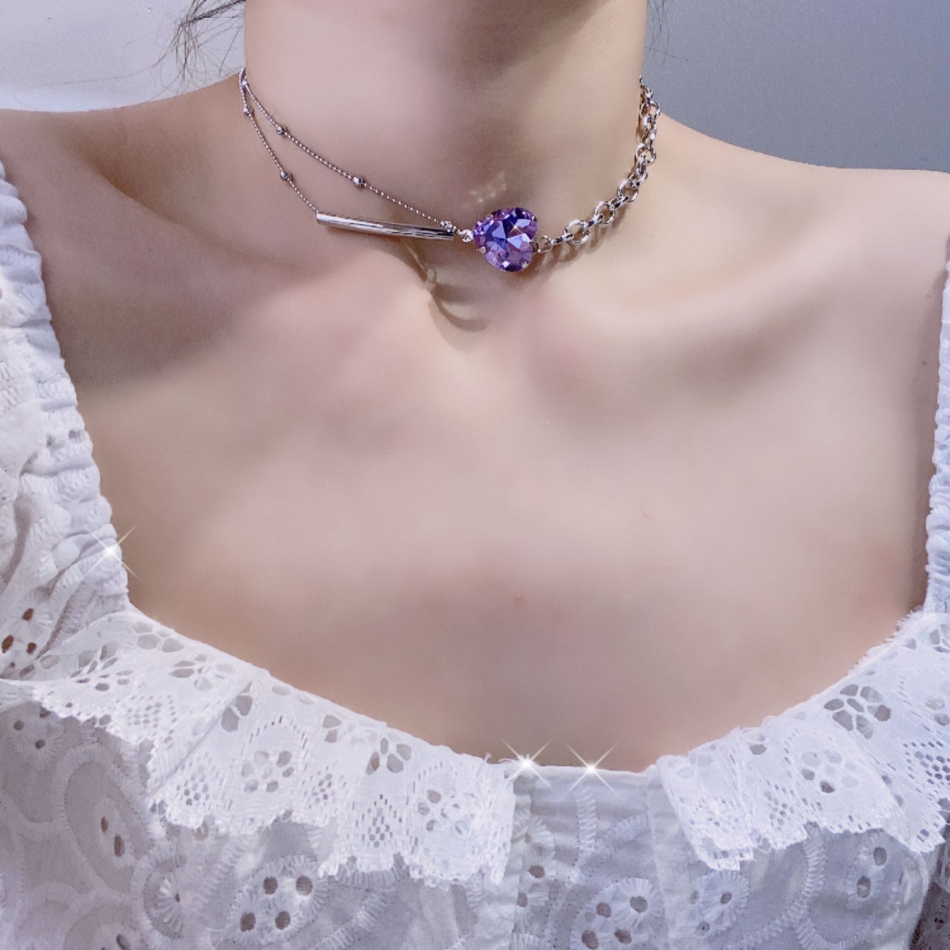 Chique liefdes-strass hart choker ketting voor vrouwen zilverkleurige sleutelbeen schakelketting choker sieraden bedel ketting
