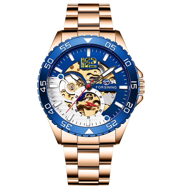 Mode Forsining Heren Sport Automatic Skeleton Horloge Blauw Rvs Mechanische Lichtgevende Waterdichte Horloges: rose blue