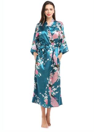 Peignoir kimono en satin pour femmes, vêtements de nuit longs, en élasthanne, motif imprimé paon floral, pour fête, mariage, demoiselle d'honneur