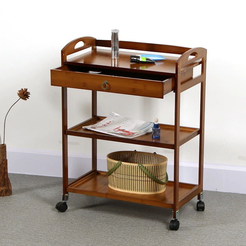 Solid Wood 3 Tier Shelf Serving Table with Wheels Drawer Kitchen Storage Cart Bar Cart Wine Tea Serving Cart Trolley: black