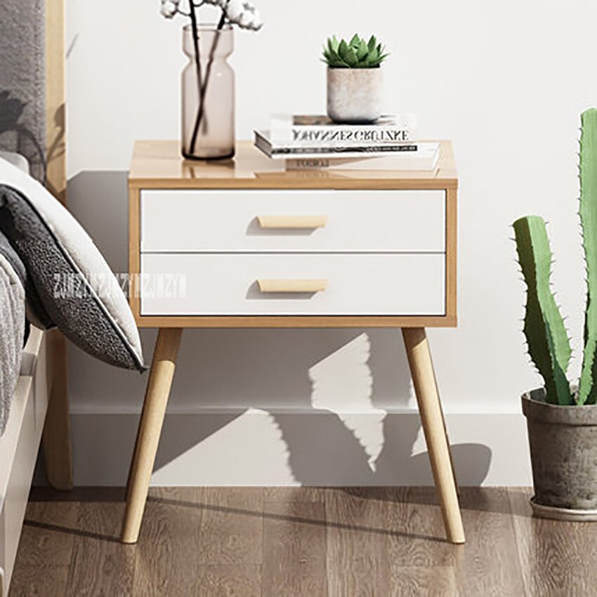 077 Night Table Modern Simple Bedstand 2-Drawer Small Bedside Cabinet Mini Bedroom Storage Tea Coffee Table Nightstand Beech Leg