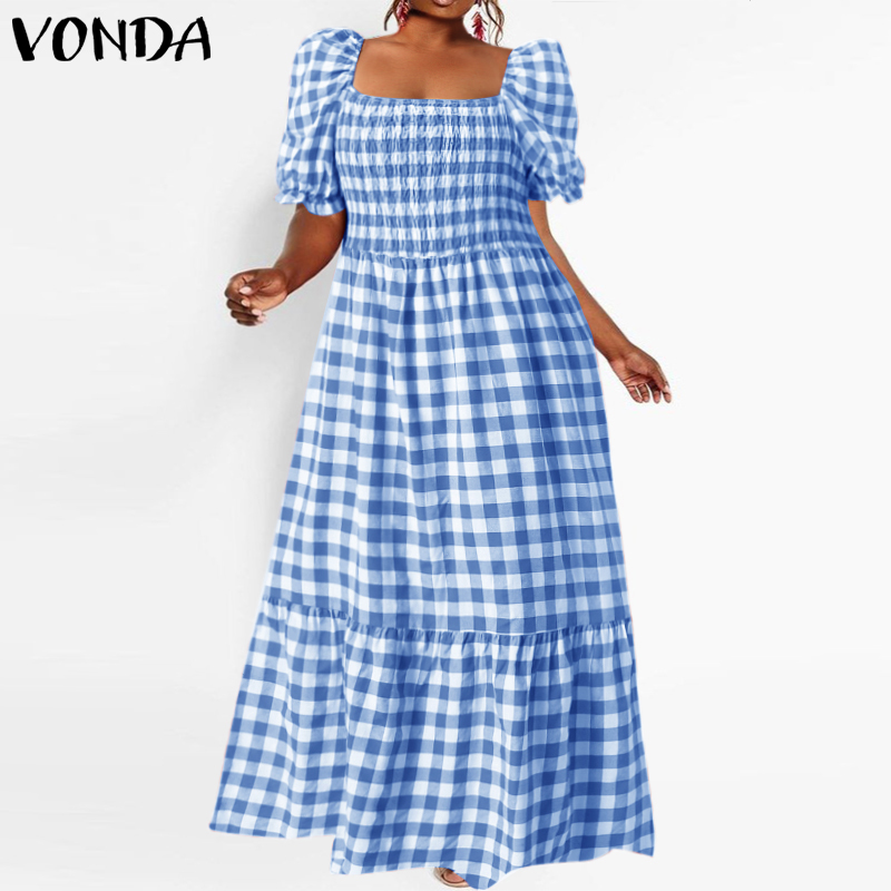 Plus Size Summer Dress 2022 VONDA Short Lantern Sleeve Square Collar Vintage Bohemian Plaid Dresses Femme Party Vestidos: Light Blue / XXXL
