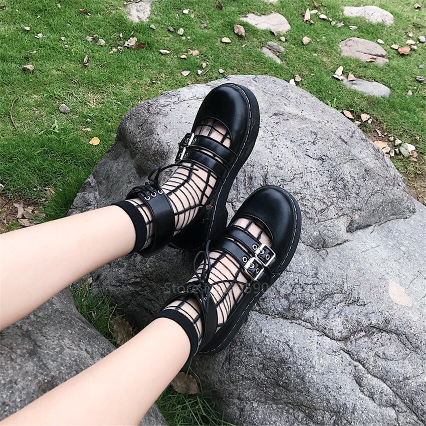 Style japonais Kawaii Lolita chaussures noir gothique filles femmes fantaisie bout rond amovible bande ceinture fond épais étudiant chaussures