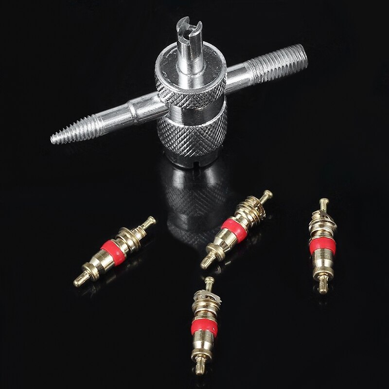 4 Way Tyre Valve Repair Remover Tool Car Bike Tire Accessory + 4 Valve Stem Core