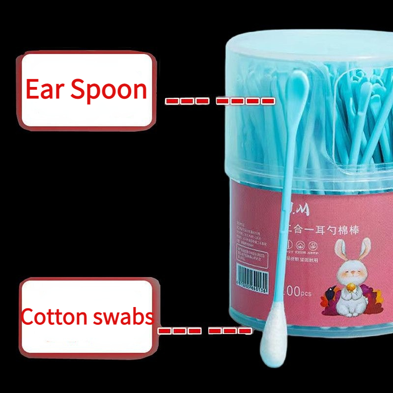 100Pcs 2 In 1 Cotton Swabs with Ear Spoons Plastic Curette Ear Pick Cleaner Ear Cleaner Spoon Portable Makeup Nail Art Sticks