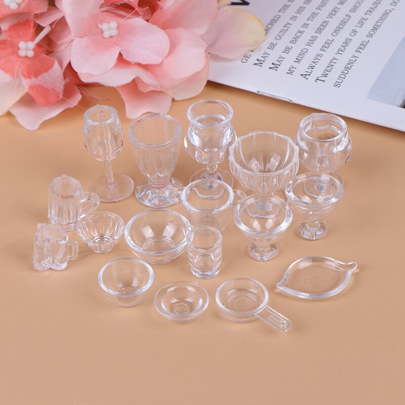 17Pcs/Set Mini Transparent Kitchenware Toy Drink Cups Dish Plate Tableware Miniatures DIY Pretend Play Toys