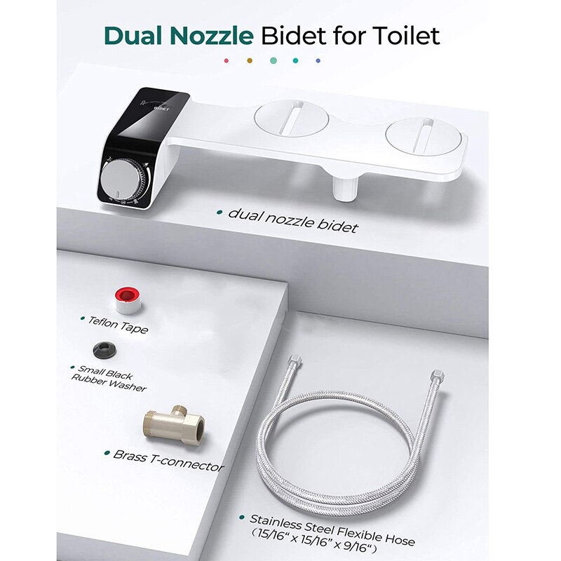 Bidet Toilet Seat Attachment Ultra-Thin Non-Electric Self-Cleaning Dual Nozzles Wash Cold Water