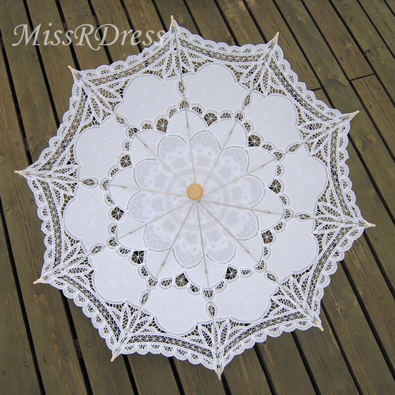 MissRDress Baumwolle Stickerei Braut Regenschirm Weiß Battenburg Spitze Regenschirm Jahrgang Regenschirm Für Hochzeit Zubehör JKs2